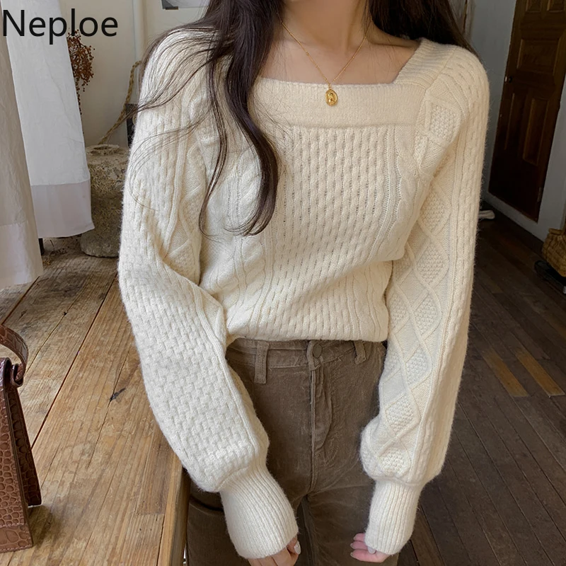 Женский трикотажный свитер с квадратным воротником Neploe Ins плотный однотонный