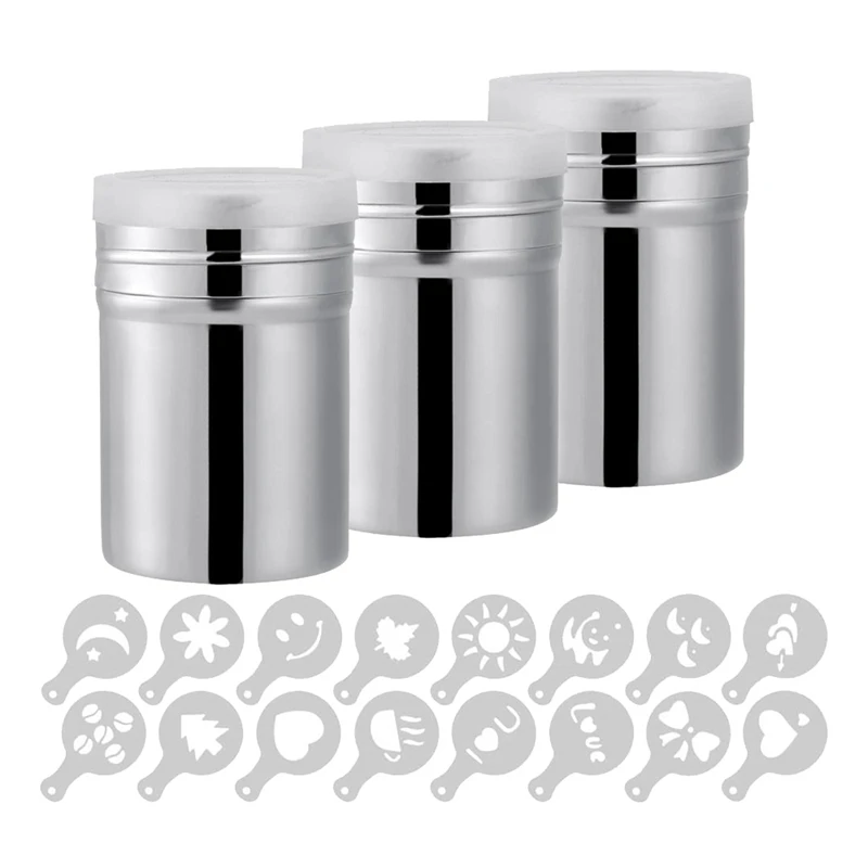 

3 Pack Coffee Cocoa Stainless Steel Powder Shaker with Lid,Baking Cooking Home Restaurant with Printing Molds Stencils
