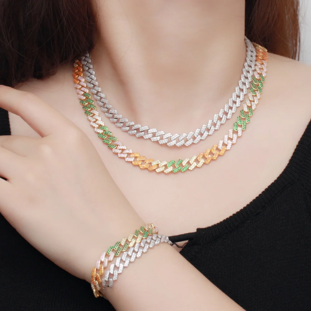 

CWWZircons Adjustable Size Bling CZ Zirconia Punk Hip Hop Cuban Link Chain Choker Necklace Bracelet Jewelry Sets for Women T529