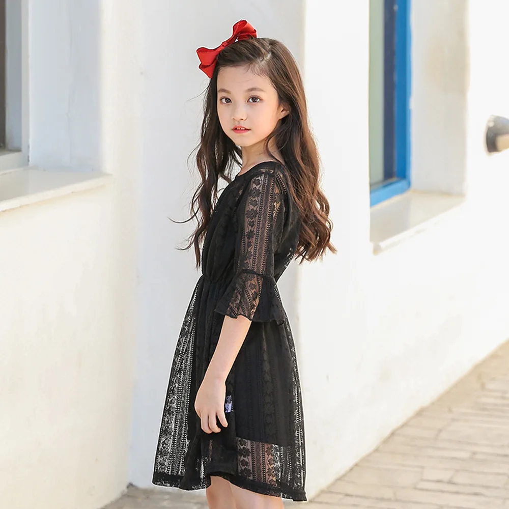Girls Dress Summer Princess Party Frocks Black White Flare Sleeve Lace for Teens Girl 6 8 10 12 14 Years Children Clothes | Детская