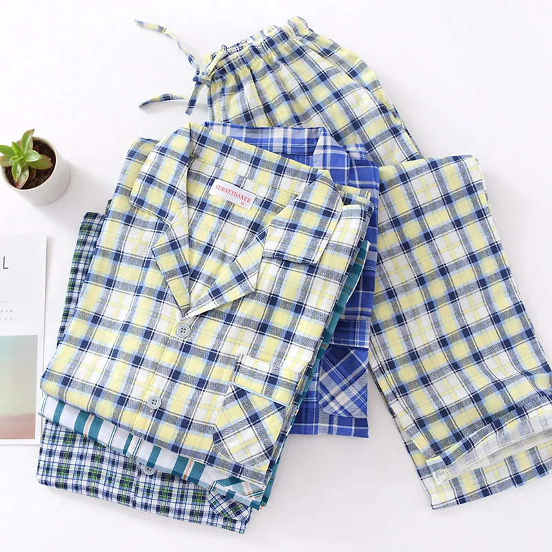 Мужской Хлопковый марлевый клетчатый Пижамный костюм осенняя тонкая пижама с