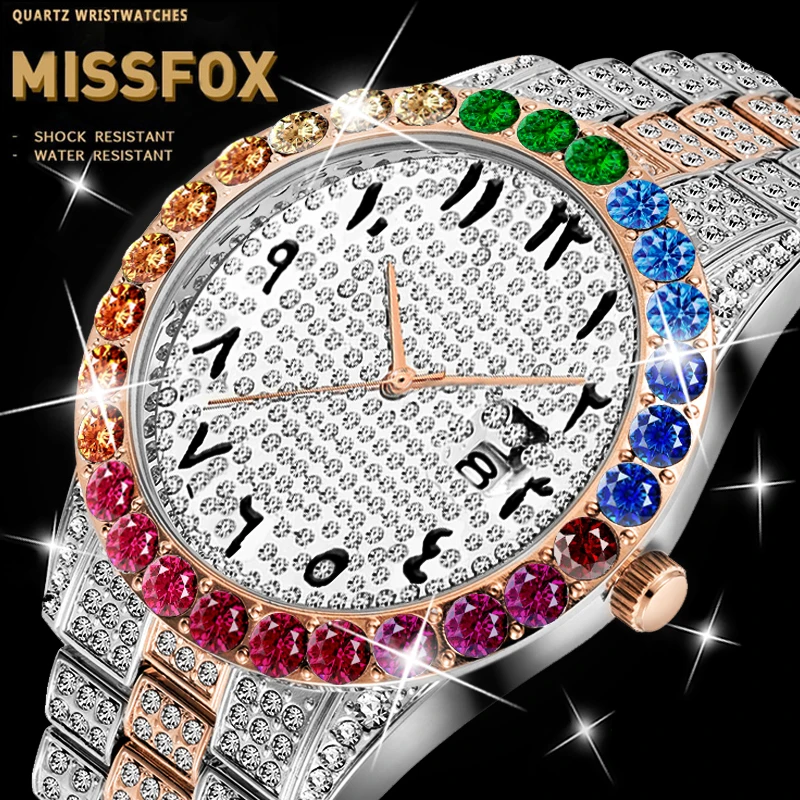 MISSFOX глобальной Прямая доставка Для мужчин кварцевые часы с бриллиантами 18K