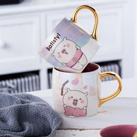 simple ins design colorful cartoon pig pearl glaze ceramic mug female water cup coffee with cover and spoon