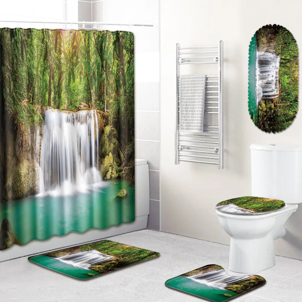 

Landscape Image Bathroom Shower Curtain Mat Non-Slip Absorbent Carpet Mats Five-Piece Set bathroom rugs and mat set luxury
