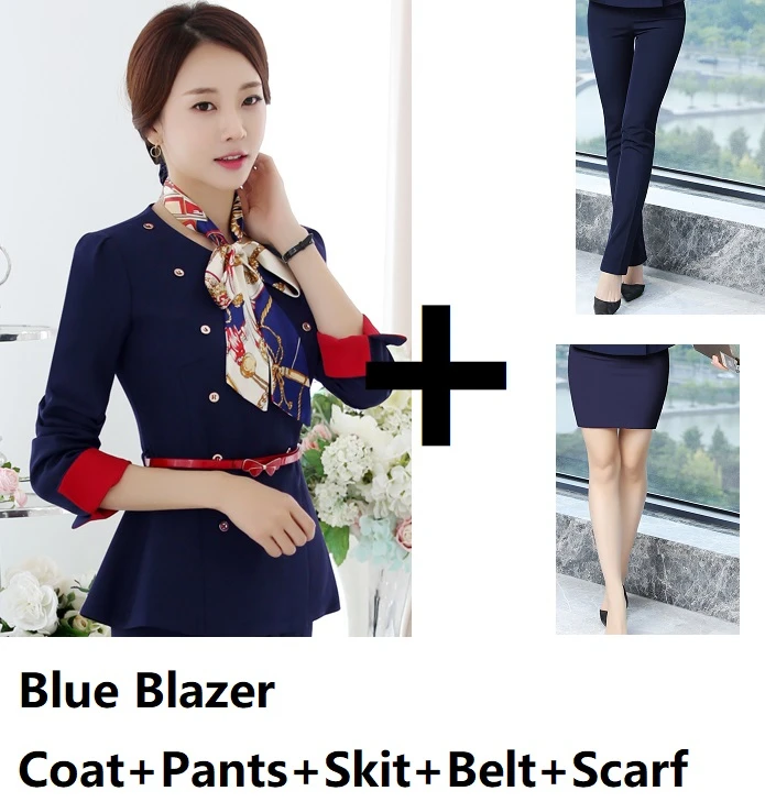 Blue Pants Skirt Set Модные костюмы в едином стиле, брючные костюмы с пиджаком и штанами для женщин, женские брючные костюмы, блейзеры, комплекты с шарфом и поясом - Цвет: Blue Pants Skirt Set