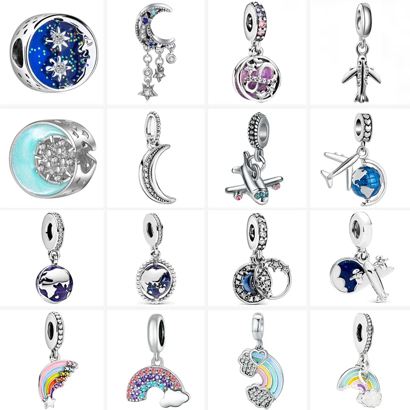 

2021 New Sky Series Airplane Rainbow Earth Stars Moon Cloud Pendant Beads Fit Original Pandora Bracelet DIY Silver Color Jewelry