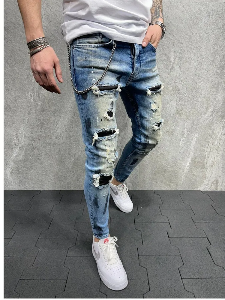 Paint Ripped Jeans Men's Jeans Sweatpants Sexy Hole Pants Casual Male Skinny Trousers Slim Biker Outwears Pants European Size