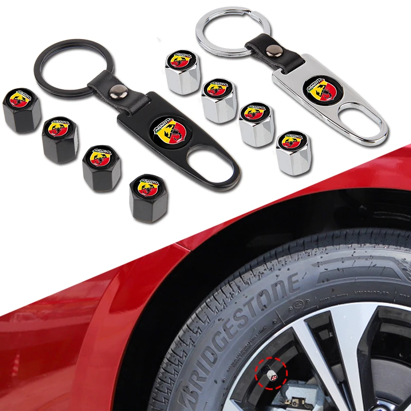 

1Set of Leather Buckle Keychain Logo Car Wheel Tire Valve Cover Air Cover for Abarth 595 Competizione Carbono Car Accessories