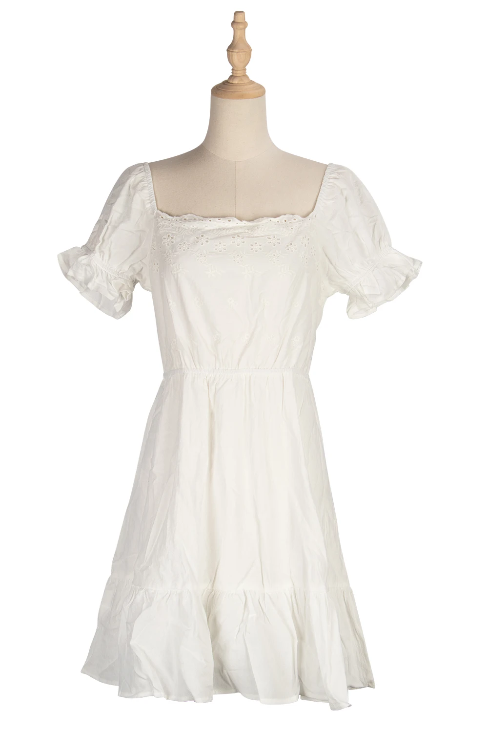 

White Solid Color Dress Women Elastic High Waist Short Sleeved Lotus Leaf Lace Elegant Thin Mid Skirt