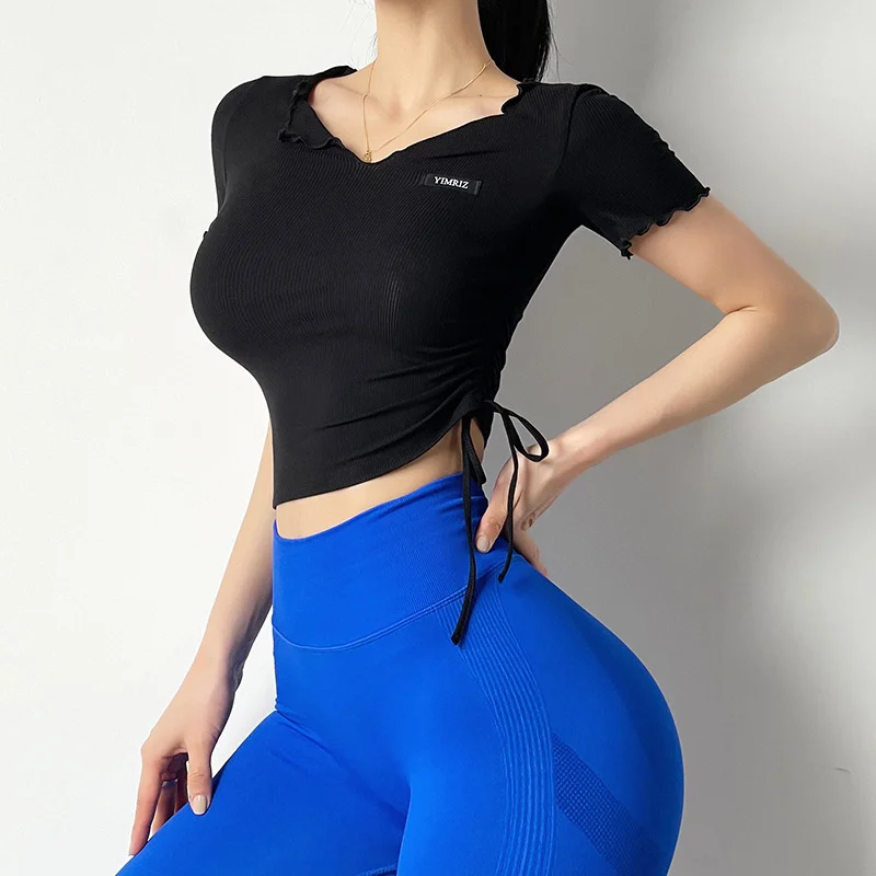 

Ruffle short top Fitness-Training Summer Women V-Neck Sports Short Sleeved Quick-Drying Workout Running T-Shirt Yoga Wear Top
