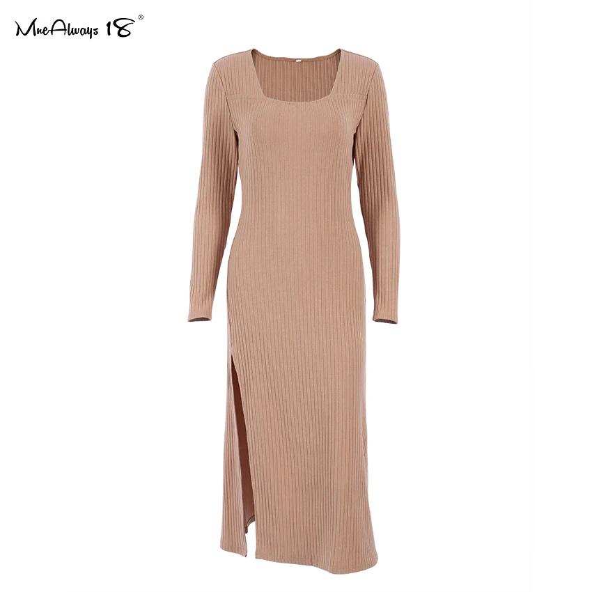 Mnealways18 Split Sexy Solid Knitted Dress Long Sleeve Khaki Ribbed Casual Women Dresses Midi Autumn Winter Ladies Bodycon Dress
