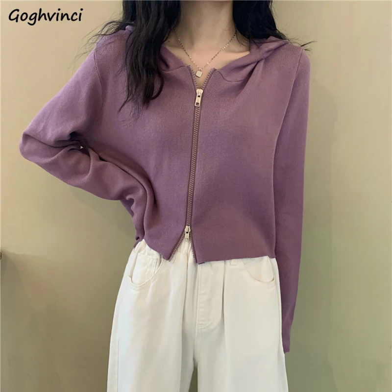 

Sweater Cardigans Women Autumn Hooded Pure Color Zipper Sexy Female Simple Outwear Leisure Knitted Sweaters Womens Chic Fashion