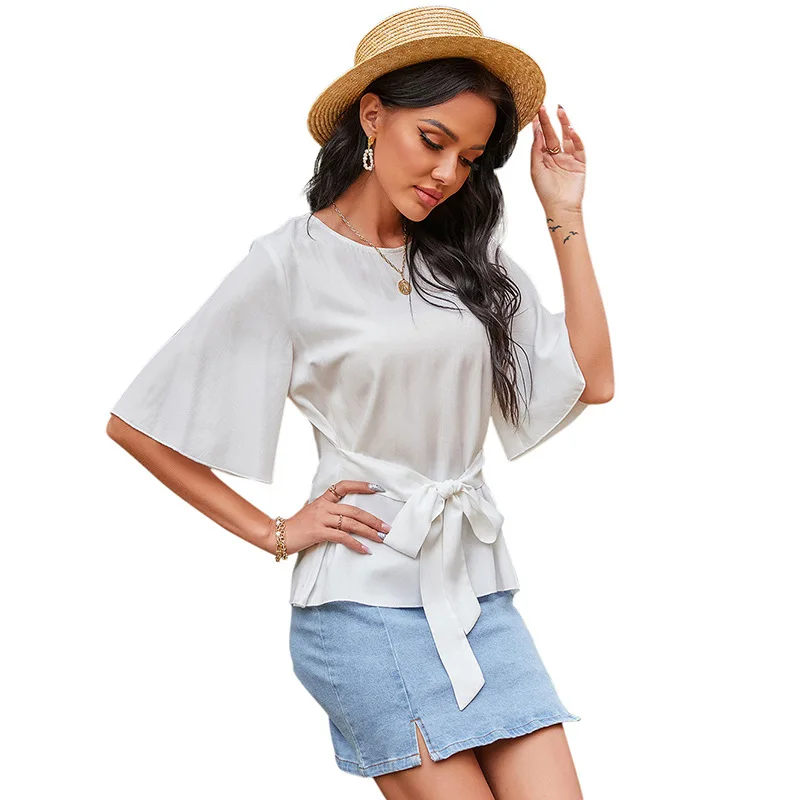 

Women Flare Sleeve Blouse Shirts Chiffon Bandage Summer Loose Sweet White Solid Color O Neck Casual Tops Tee Short Sleeve