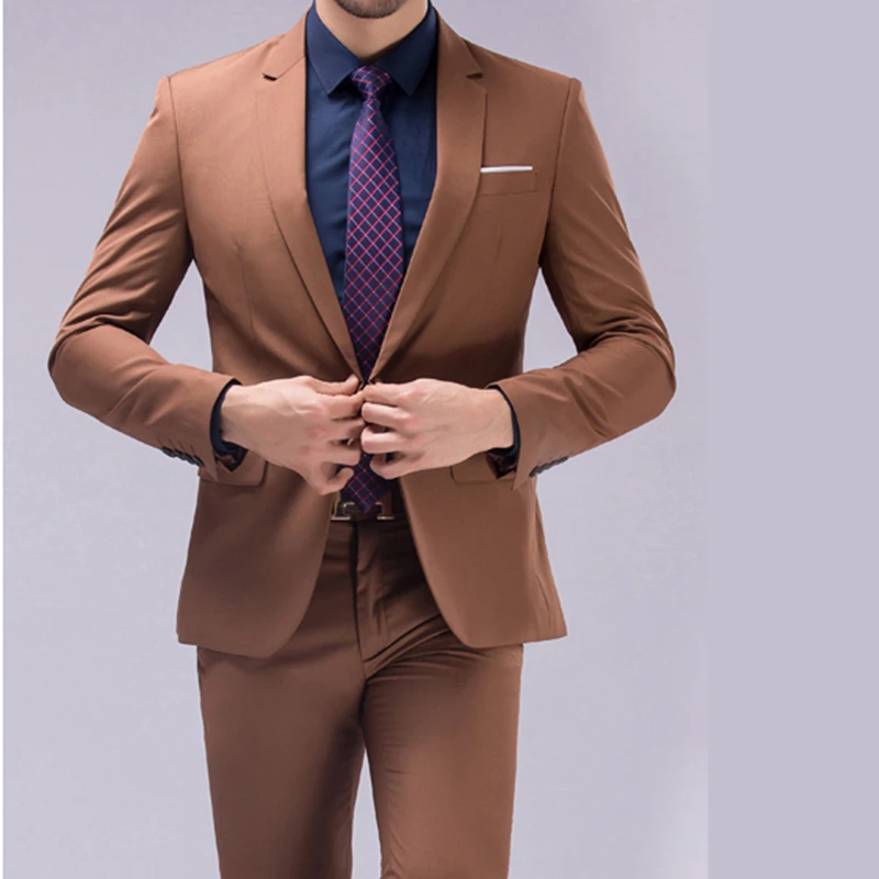 

New Sytle Fashion Handsome Formal Groom For Wedding Beach Party Brown Men Suit Business Casual Male Clothing (Jacket + Pants)