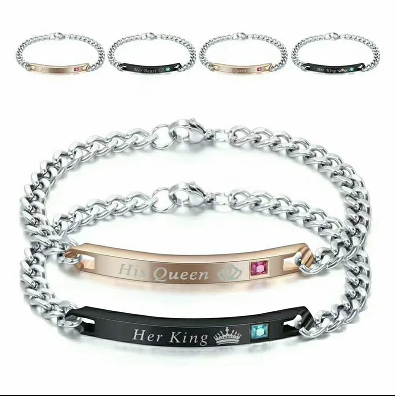 

Fashion ''His Queen''''Her King '' Stainless Steel Couple Bracelets Unique Gift for Lovers Wedding Charm Chain Bracelet Jewelry