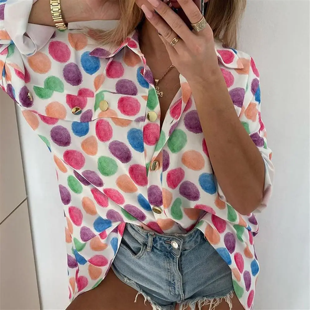 

Women Colorful Dots Printed Shirt Button Up Casual Blouse Long Sleeve Loose Top Holiday Autumn Commute T-Shirt Fashion Clothes