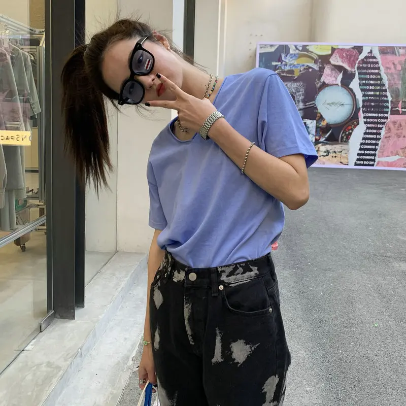 

Stylish Women Summer Cozy T-Shirt Korean Style Orange Black Green Blue Purple White Plain Color V-Neck Cotton Top Daily Clothes