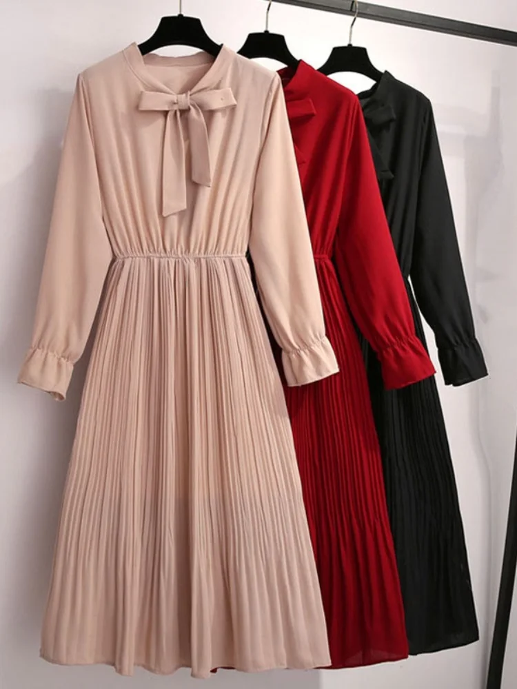 

2021 Casual Women Dress Chiffon Elegant Vintage Bow Collar Long Sleeve Autumn Winter Midi Shirt Dresses Solid Slim Clothes Robe