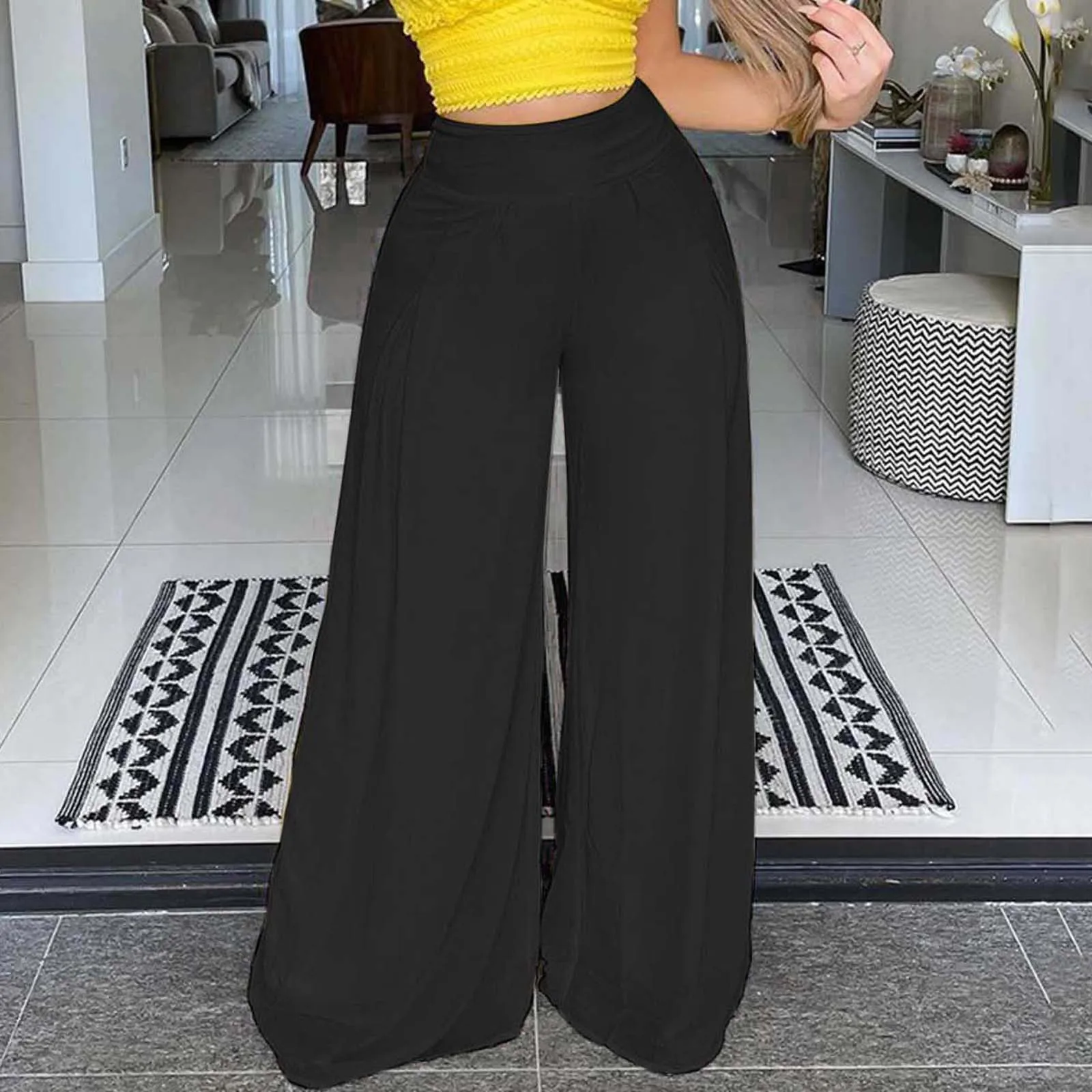 

Women High Waist Wide Leg Pants Solid Color Easy Trousers Long Pants Boho Beach Pockets Pants Summer Casual Trousers 2021 R5
