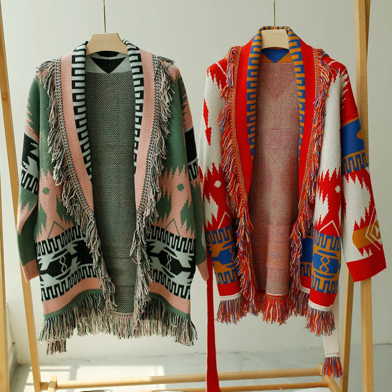 

TEELYNN Ethnic Fringe Tassel Cardigan Jacket Coat For Women Vintage Jacquard Cashmere Sweaters Autumn Winter Warm Overcoat Boho