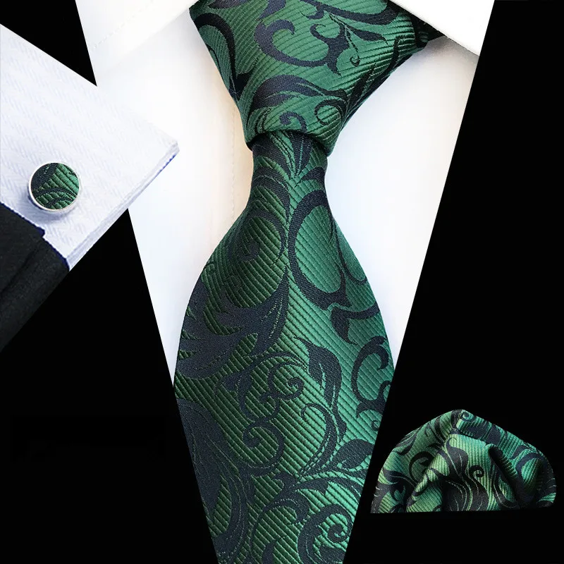 

Fashion New Design Tie Set Business Men's Silk Floral Print Ties Mens Tie Set Dark Green Neckties Tie Pocket Square Cufflinks
