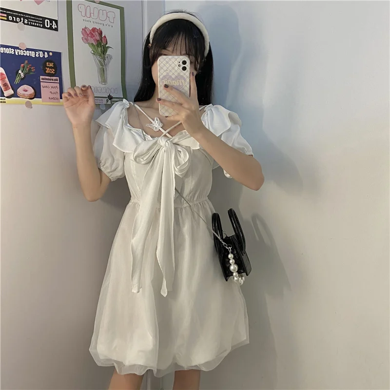 

Japanese Sweet Chic Chiffon White Fairy Women Dress Summer Kawaii Bow Square Collar Puff Sleeve A-Line Party Mini Dress Vestidos
