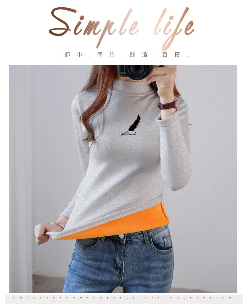 

Winter slim fashion half-high collar plus velvet thick long-sleeved t-shirt women's warm top bottoming shirt women's single piec