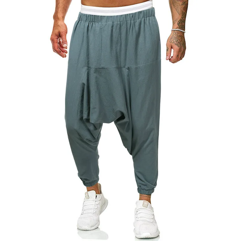 

2021 Mens Streetwear Cotton Linen Cross-Pants Men Baggy Solid Black Harem Pants Male HipHop Joggers Trousers Man Wide Legs Pants