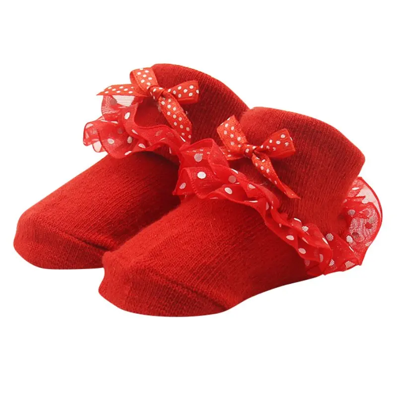 Детские носки для малышей короткие принцессы в горошек с кружевом и бантом