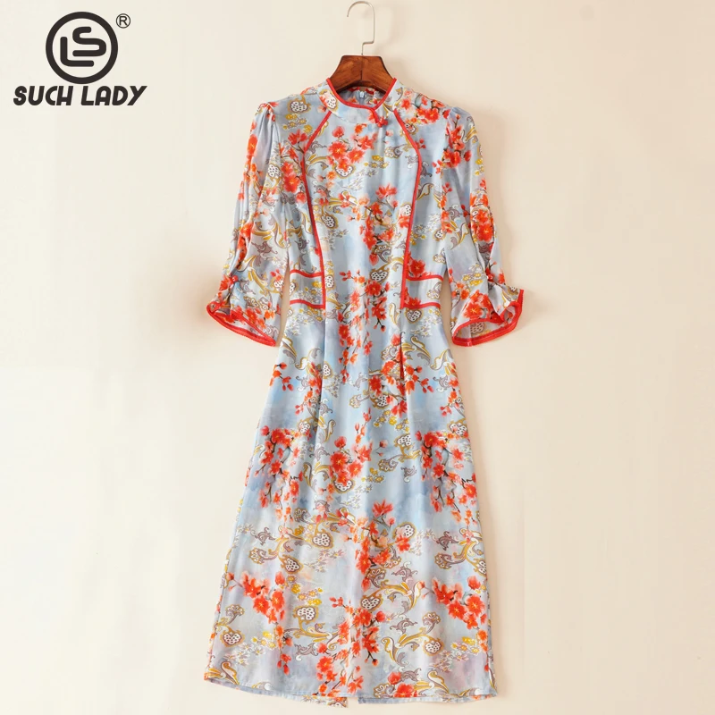Женское шелковое платье с воротником-стойкой, элегантное винтажное осеннее платье с принтом и рукавом до локтя, 100%
