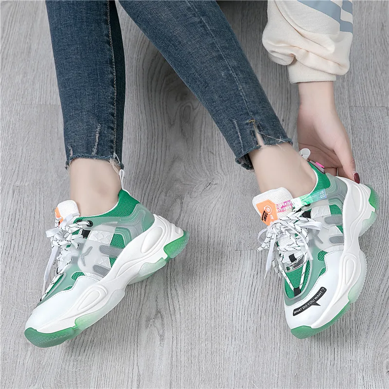 

2020 Famale Chunky Shoes Women's Sports Shoes Footwear Leather Women's Mesh Breathable Waterproof Platform Sports Shoes