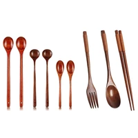 1set wooden flatware set wooden portable set spoon fork chopsticks 6 pieces wooden spoons long handle soup spoons