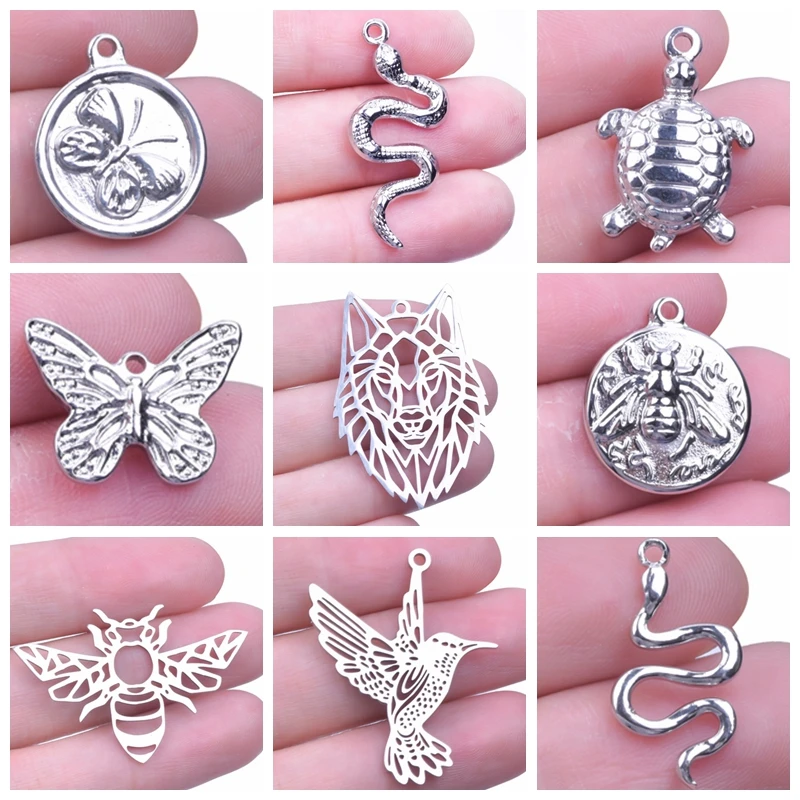 

5pcs Animal Insect Snake Butterfly DIY Charms Wholesale Stainless Steel Wolf Tortoise Pendant Eagle Bee Charm For Jewelry Making