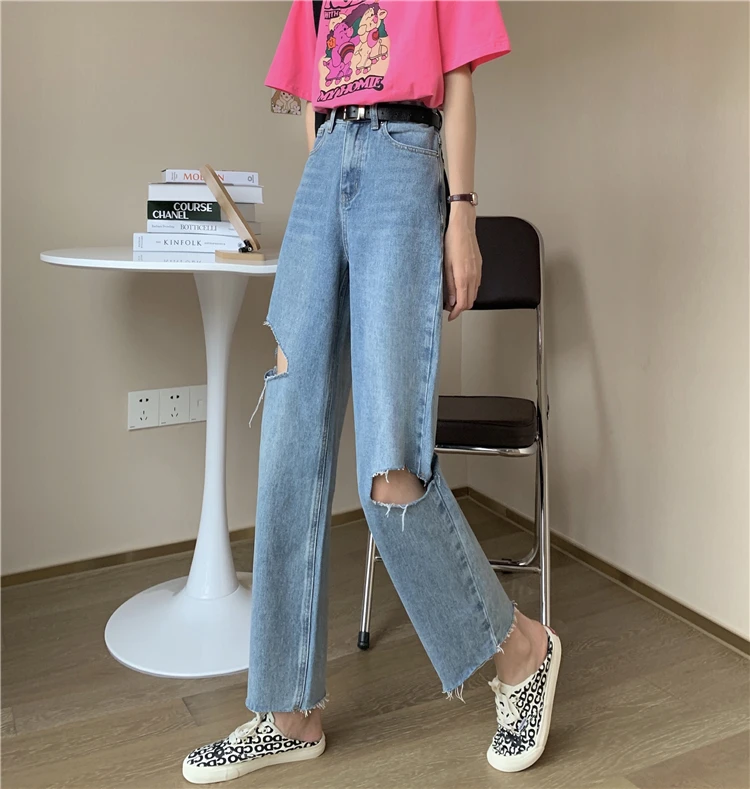 

Casual Vintage Ripped Jeans Woman High Waist Loose Solid Color Streetwear Boyfriend Casual Denim Trousers Straight Jean Femme