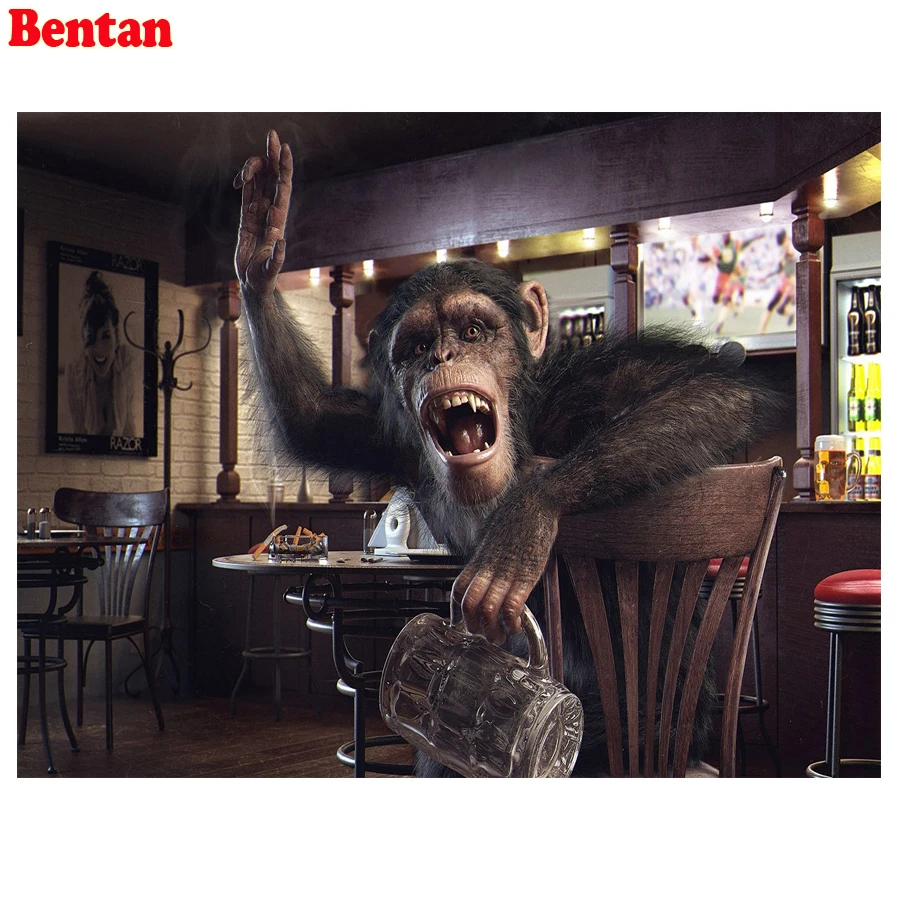 

DIY Diamond Painting Full Square Round "monkey in the bar" Embroidery Diamond Art Mosaic Handicraft Home Decor