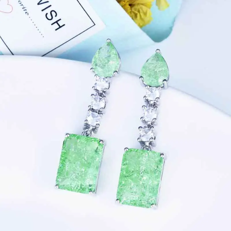

KOFSAC New Occident Fashion Crack Green Crystal Earrings For Women 925 Sterling Silver Geometric Ear Jewelry Elegant Girl Gifts