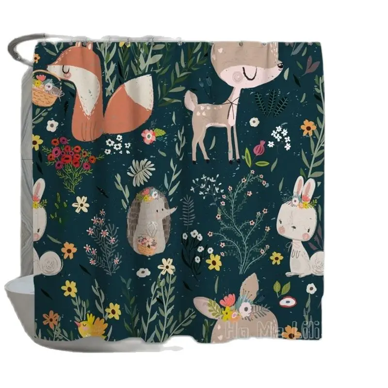 

Woodland Cute Animals And Flowers By Ho Me Lili Shower Curtain Teal Brown Forest Nature Home Bath Decors Durable Waterproof