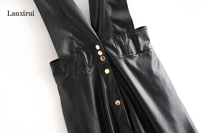 Модное осенне-зимнее платье-миди для женщин из искусственной кожи с юбкой до середины и пуговицами на груди в офисном стиле с V-образным вырезом и карманами из ПУ.