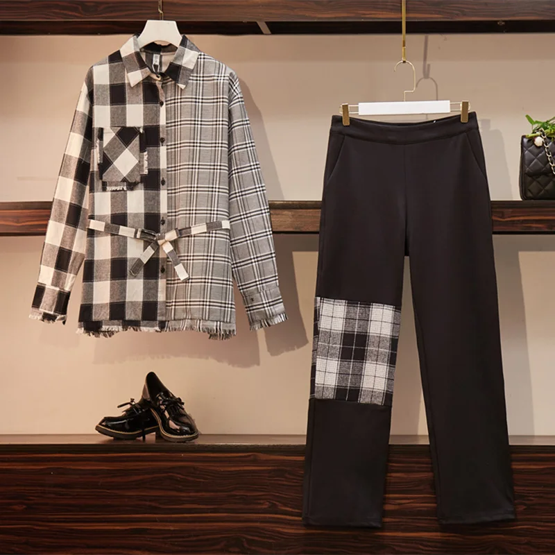 Женский винтажный спортивный костюм размера плюс Женская клетчатая футболка топ