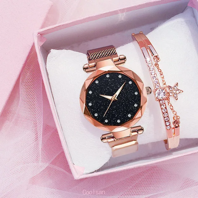 

Luxury Women Watch Fashion Elegant Magnet Buckle Vibrato Purple Ladies Wristwatch Starry Sky Roman Numeral Gift Clock