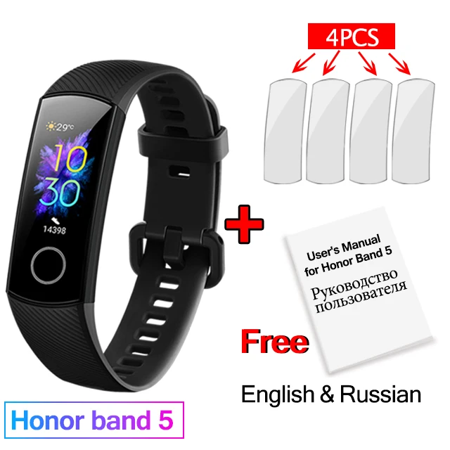 Black add films huawei Honor Band 5 Смарт-браслет полноцветный AMOLED фитнес-браслет стильные часы лица смарт-пульсометр трекер сна - Цвет: Black add films
