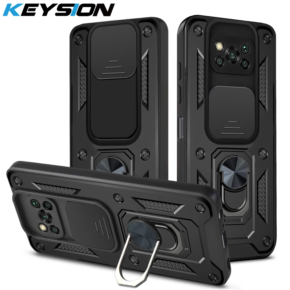 

KEYSION Shockproof Armor Case for Xiaomi POCO X3 NFC Ring Stand Push Pull Camera Protection Phone Cover for POCO X3 Pro M3 Pro