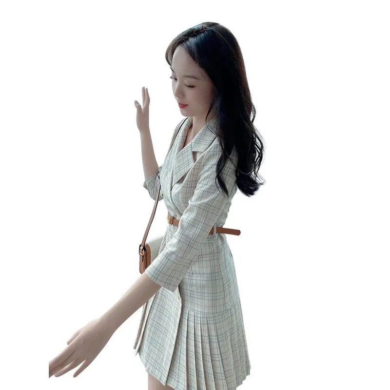 

Plaid Suit Skirt 2021 New Style Early Spring Women's Fashion Temperament Slim Slim Slim Pleated Dress With Sleeves