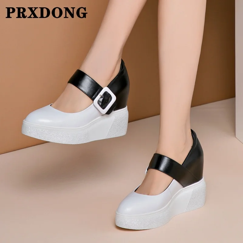 

New Concise 2021 Spring Women Shoes Outside Wedges High Heels Platform Round Toe Genuine Leather Buckle Women Shoes Pumps 34-40