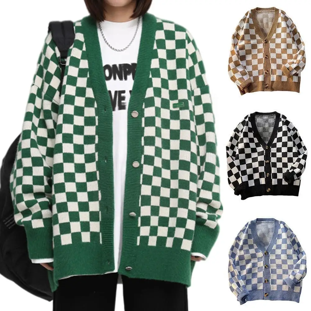 

Ladies Cardigans Long Sleeve Sweater Knitted Argyle Cardigan green Buttons Jumpers Sweaters Jacket with Female V-neck Women N6N9