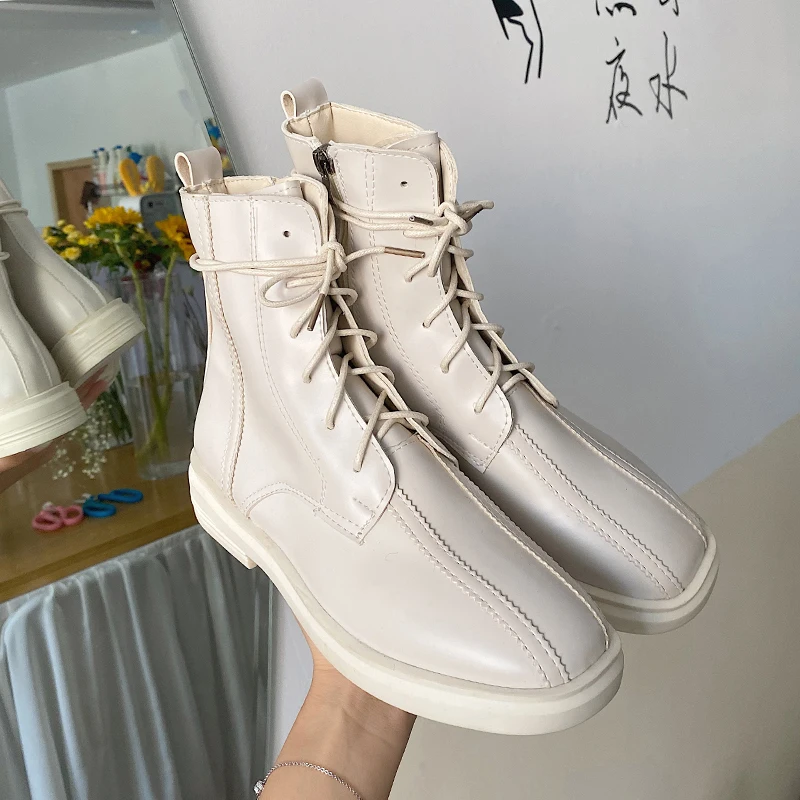 

Spring 2021 Women Mid Boots White Leather Motorcycle Boots Fashion High Heeled Gothic Shoes Black Boots Wome White Ankle Boots