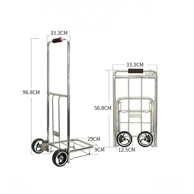 Collapsible Luggage Cart Can Load 330LBS, Stainless Steel Portable Trolley Hand Truck with 12.5cm Big Rubber Wheel