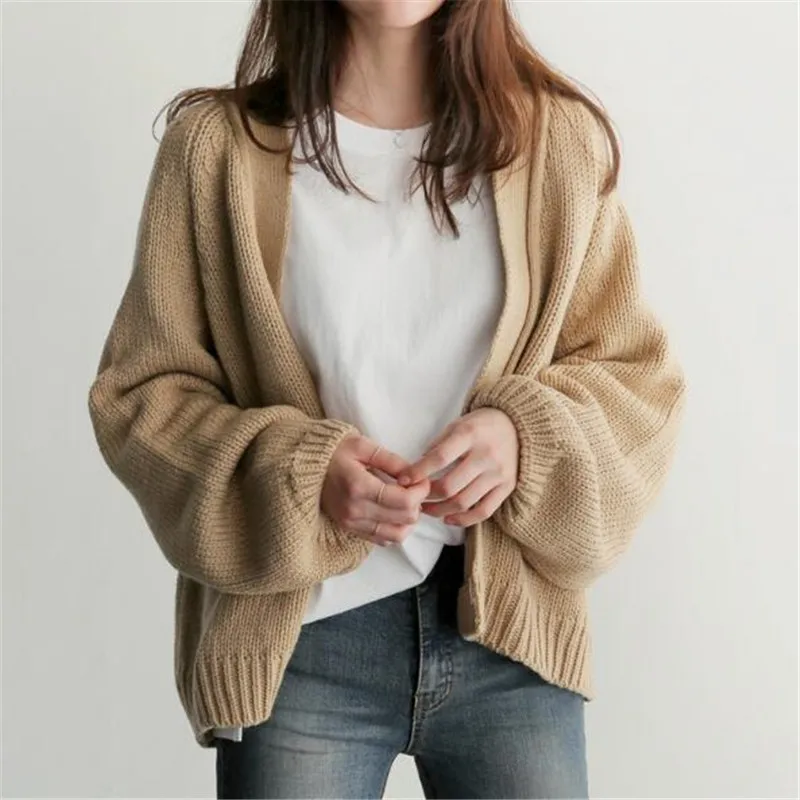 

Women's Sweaters Cardigans Autumn Winter New Casual Solid V-Neck Open Stitch Loose Sweater Jacket Female Knit Coat Khaki Black
