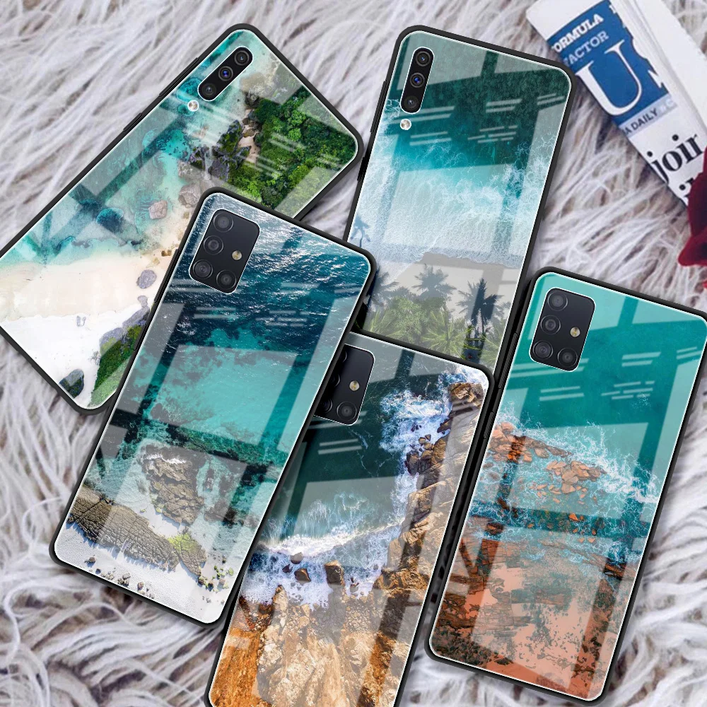 

Tempered Glass Case For Samsung Galaxy A51 A50 A71 A70 A31 A21s A52 A40 A30 M51 M31 A91 Phone Cover Travel Mountain Sea Beach