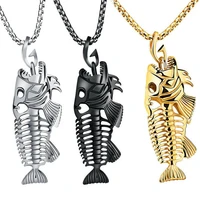 cool fish bone whole fish skeleton stainless steel pendant necklace retro jewelry personality hip hop rock jewelry gift